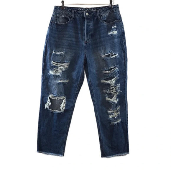 Vanilla Star 90s Boyfriend Jeans Womens 15 Medium Wash Distressed Button Fly - Picture 1 of 12